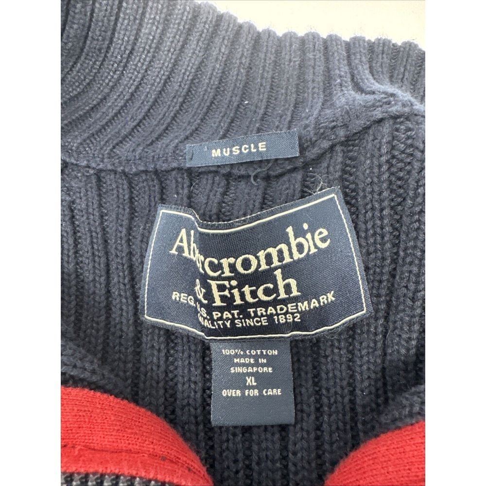 Abercrombie & Fitch Quarter Zip Sweater Men XL Navy Blue Ribbed Muscle Fit - Picture 2 of 9